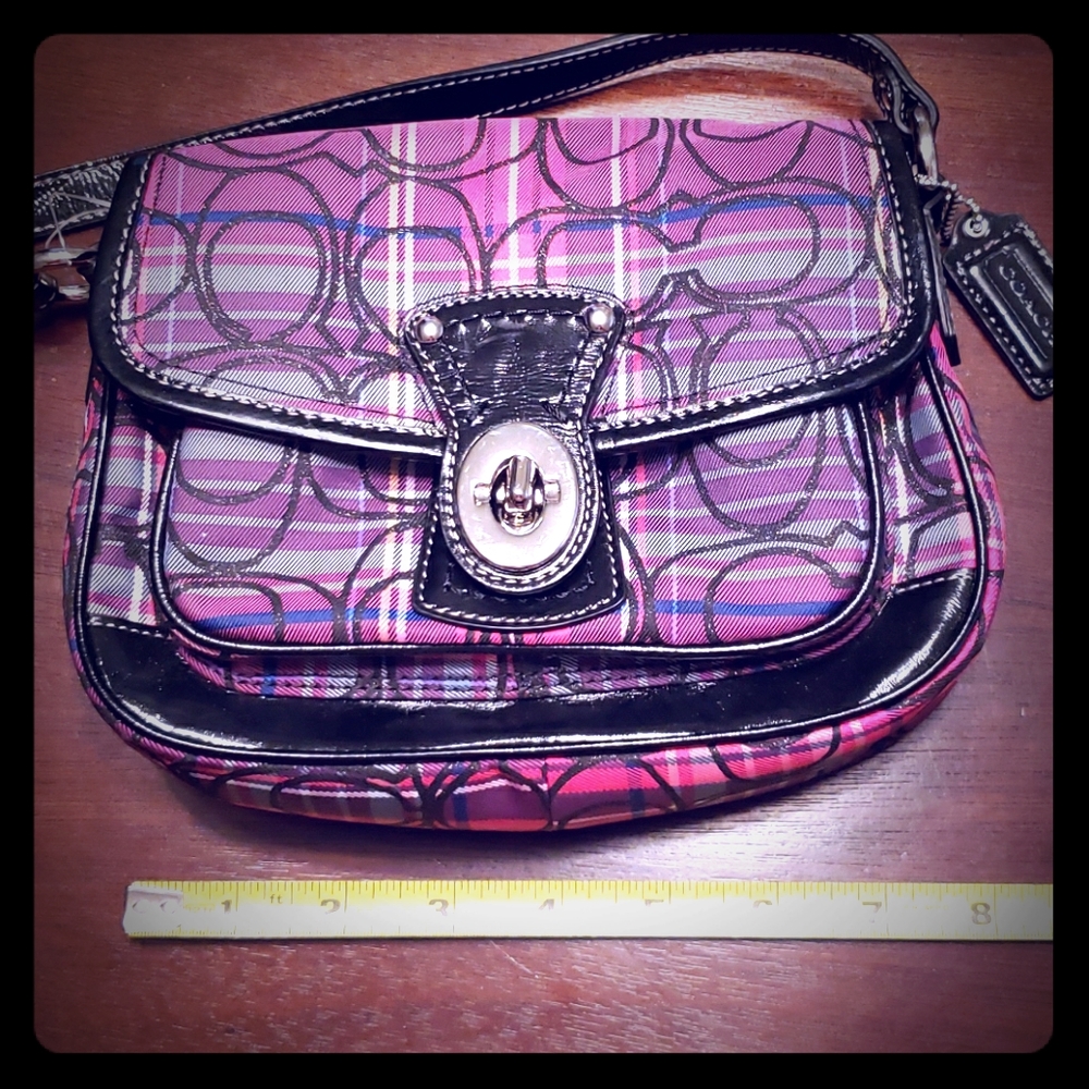 Coach small pink tartan penny flap purse